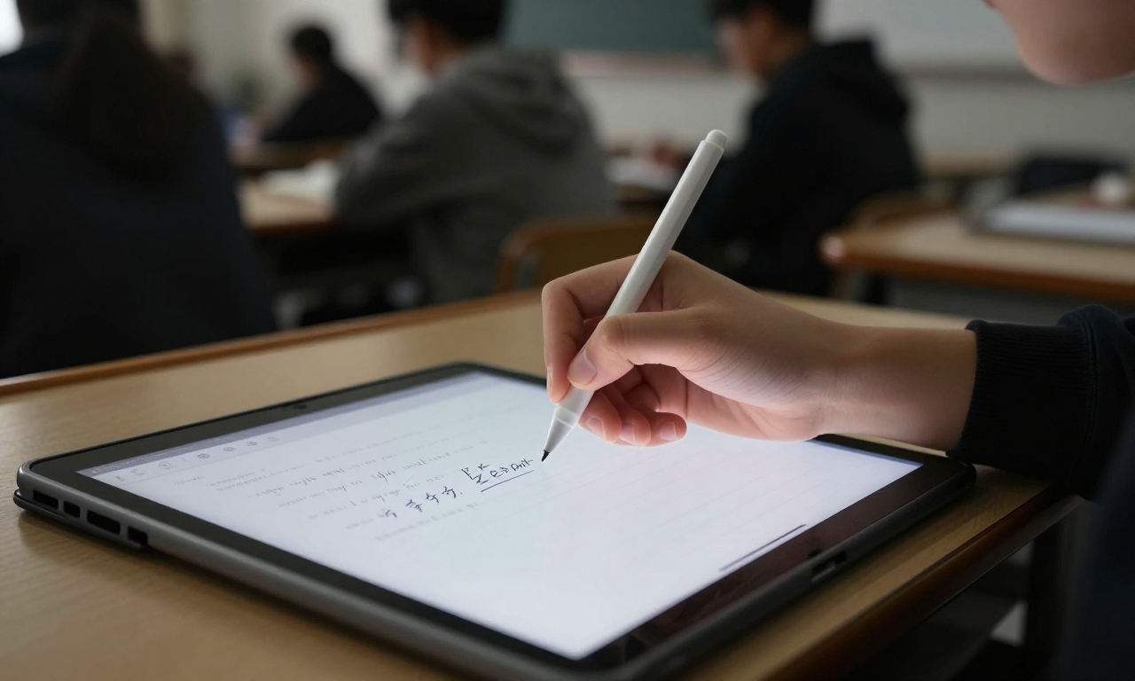 student taking notes with stylus on tablet