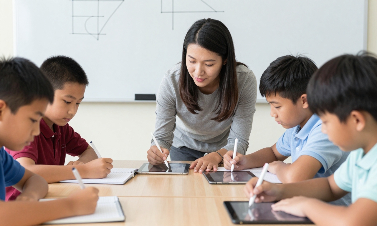 Teacher guiding students in proper tablet use