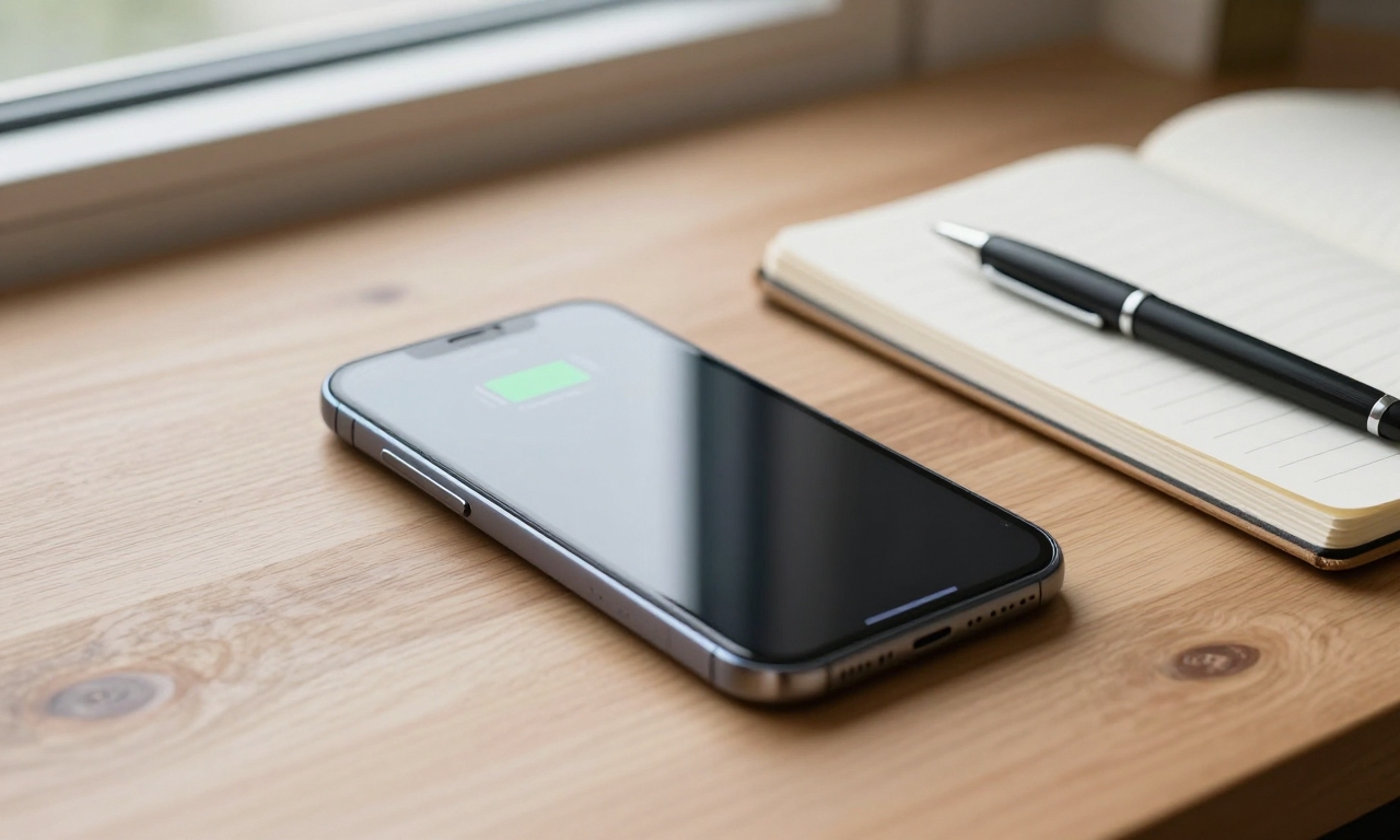 Smartphone battery optimization on desk with notebook