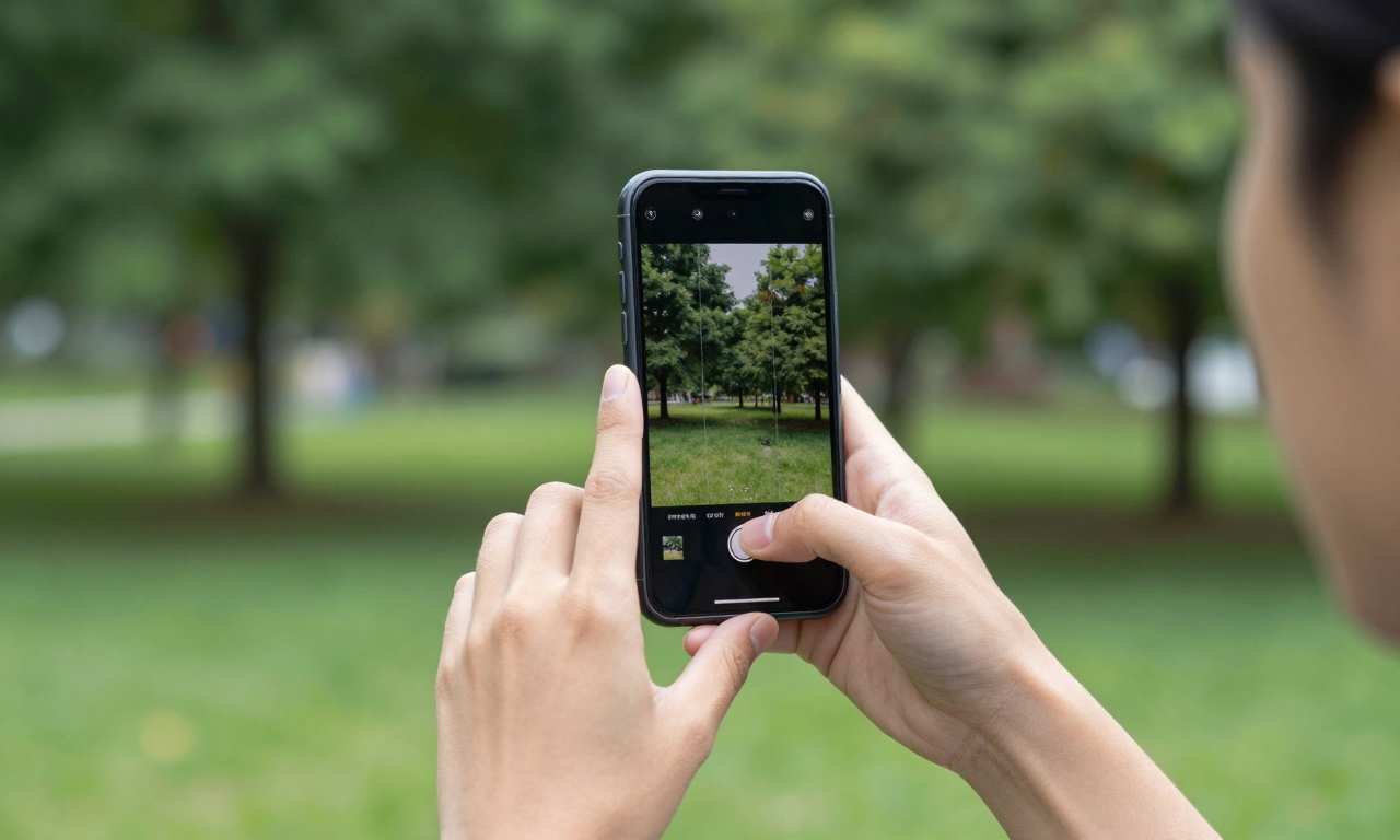Person evaluating smartphone portrait mode in park setting