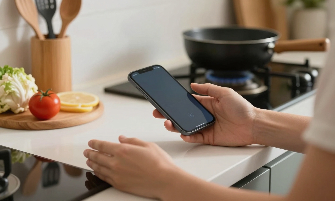 Person using voice assistant while cooking in kitchen