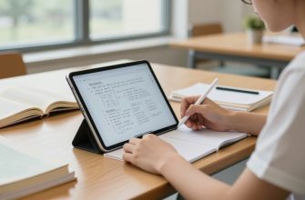 Student using Android tablet for note-taking in library