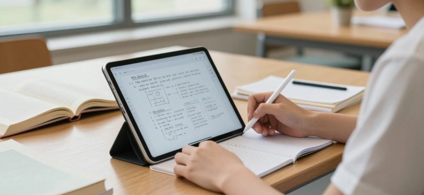 Student using Android tablet for note-taking in library
