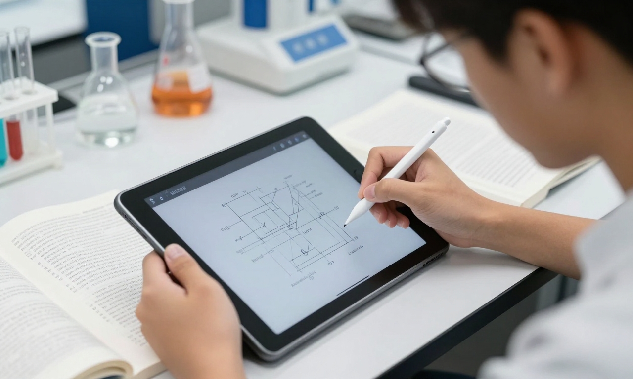 Student using stylus for diagram on Android tablet