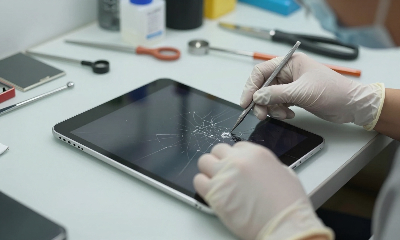 Tablet with cracked screen being assessed for repair