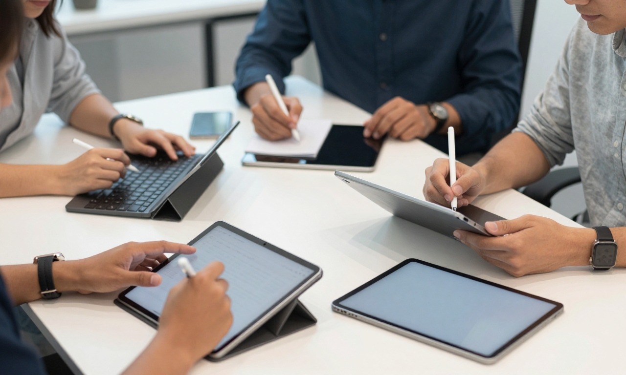 People using different tablet brands in workspace