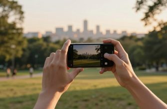 person photographing landscape with smartphone