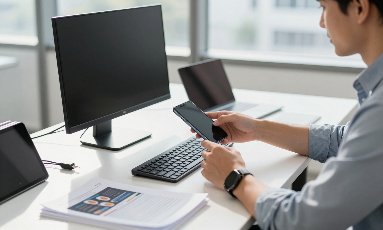 Business professional using smartphone with portable monitor and keyboard