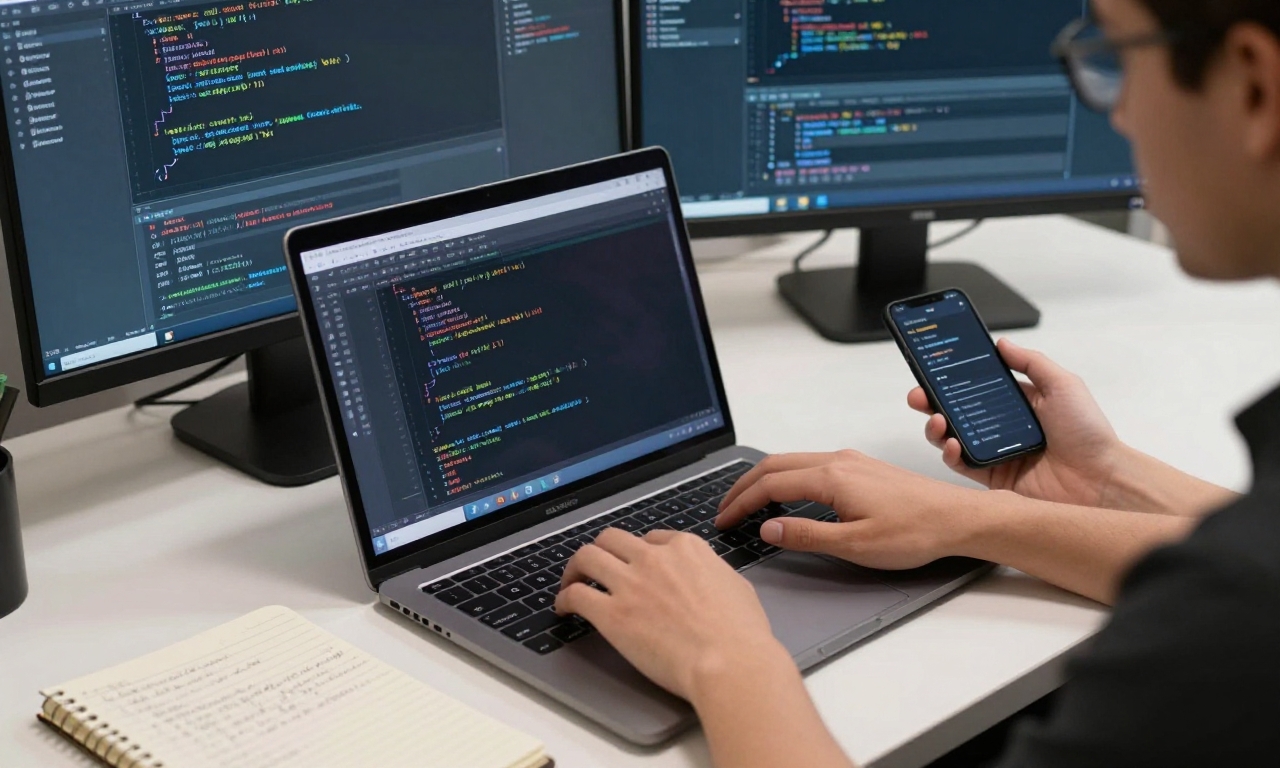 Developer coding on laptop while checking smartphone for updates
