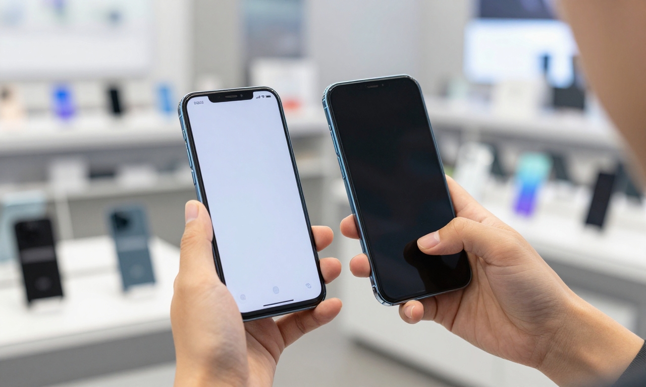 Consumer comparing smartphone camera features in store