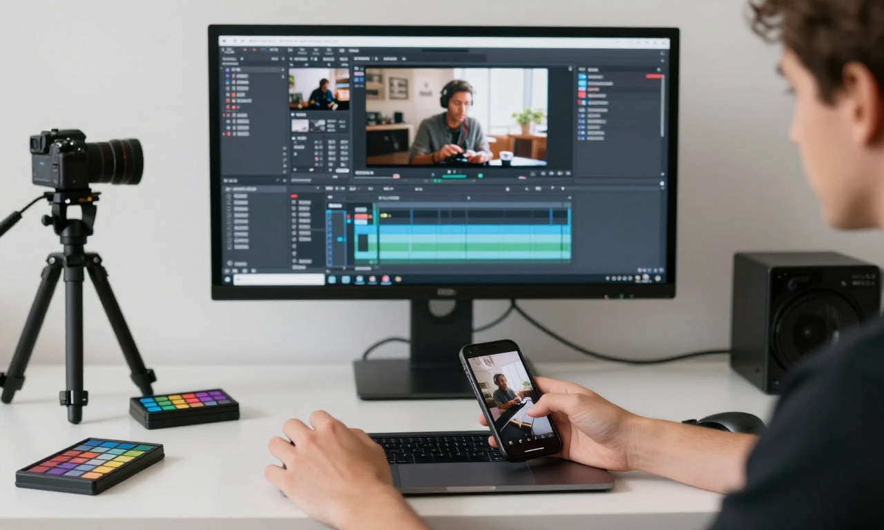 Content creator using laptop and smartphone for editing and photography