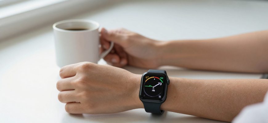 person checking smartwatch health data at kitchen table