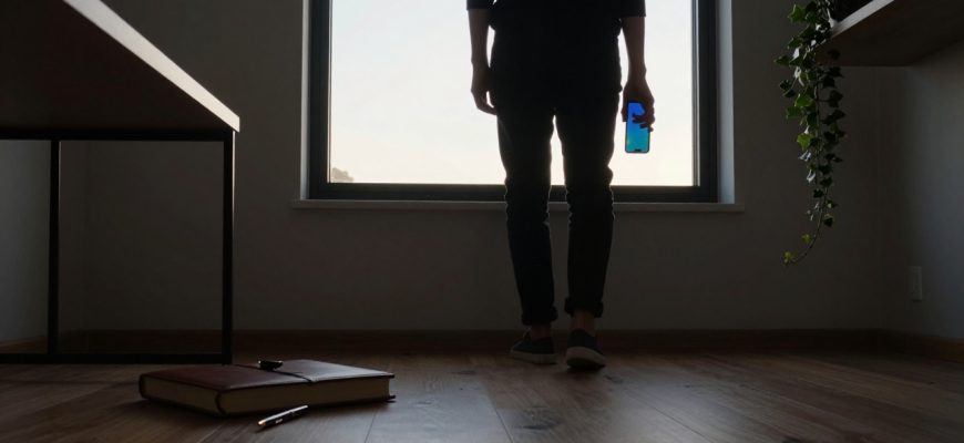 Person contemplating smartphone use in a home office
