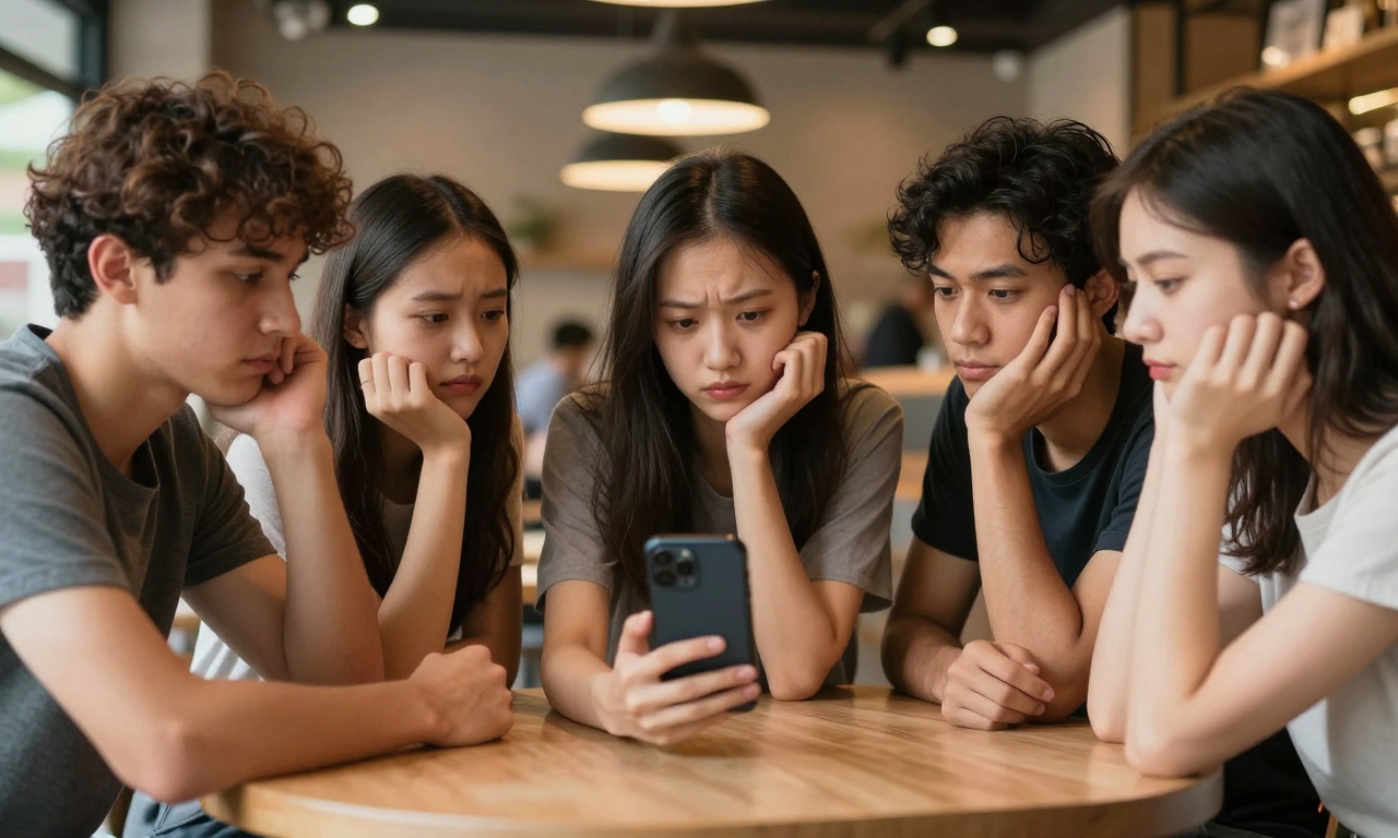 Friends reacting to new smartphone at cafe