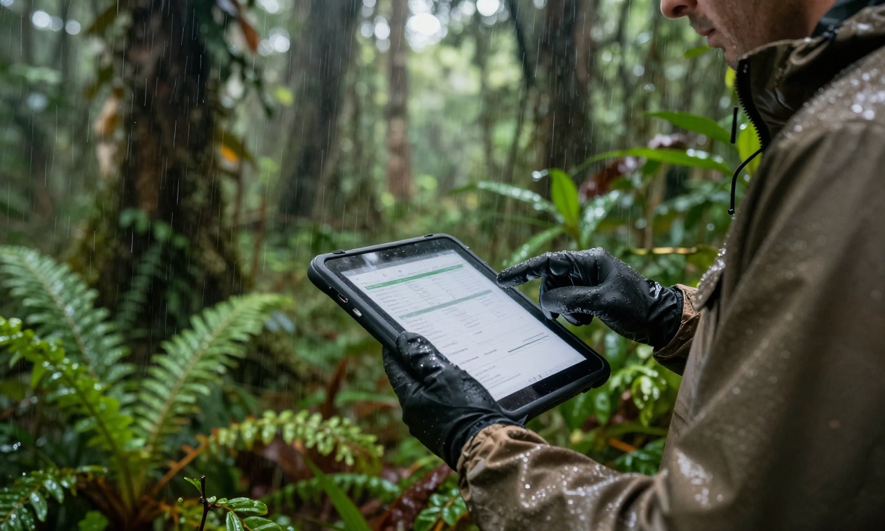 Researcher using tablet in rainforest fieldwork
