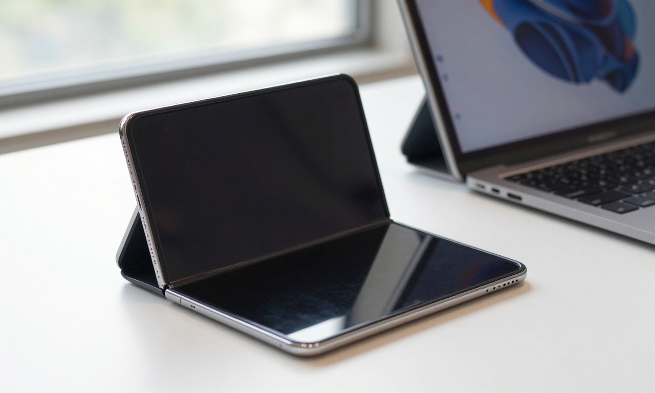 Foldable smartphone with flexible display open on desk