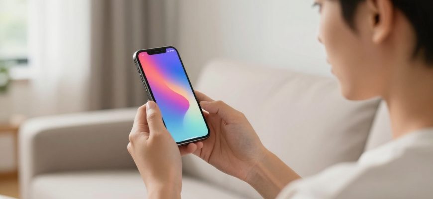 person discovering iPhone features in living room