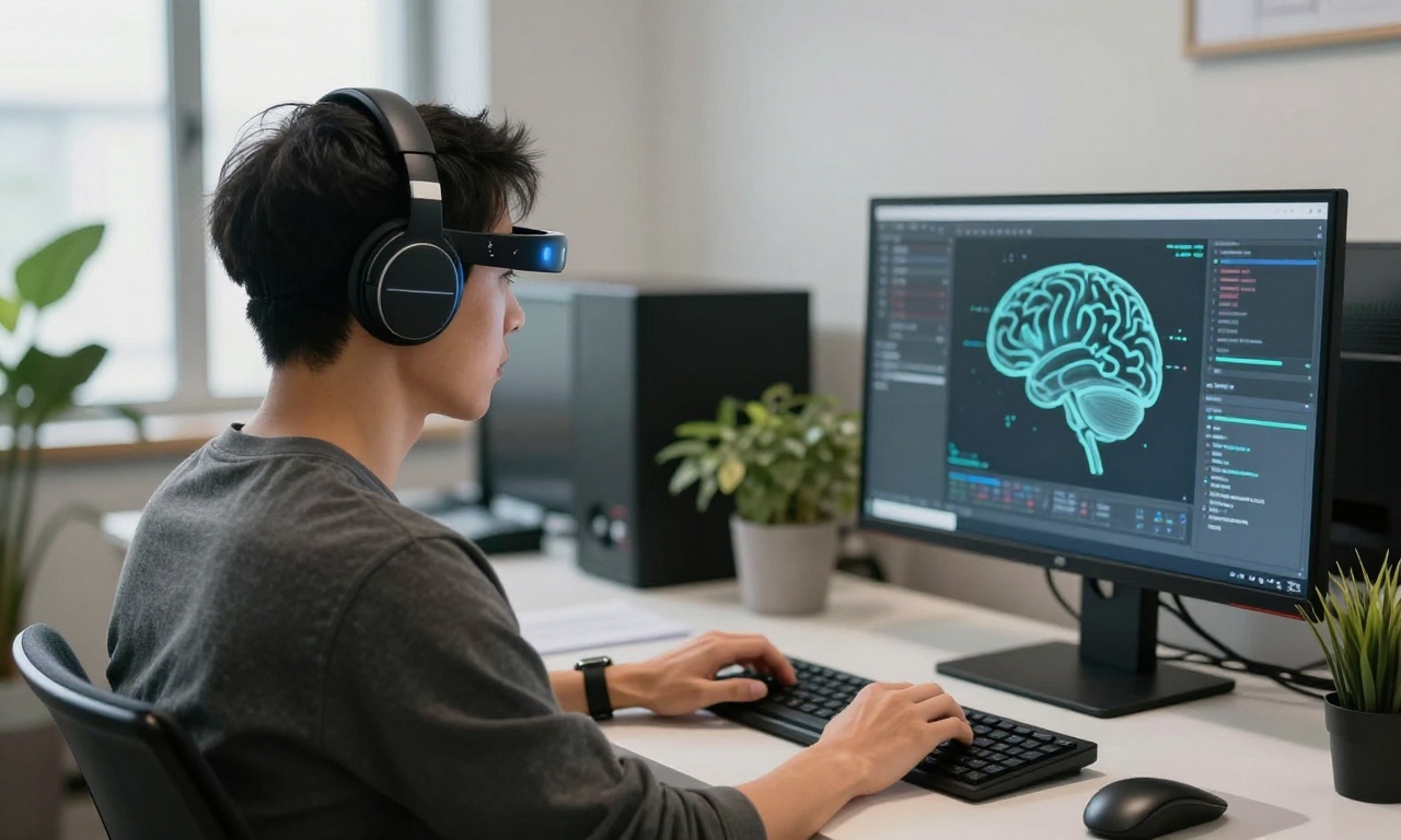 Person using neurotech headphones for productivity enhancement