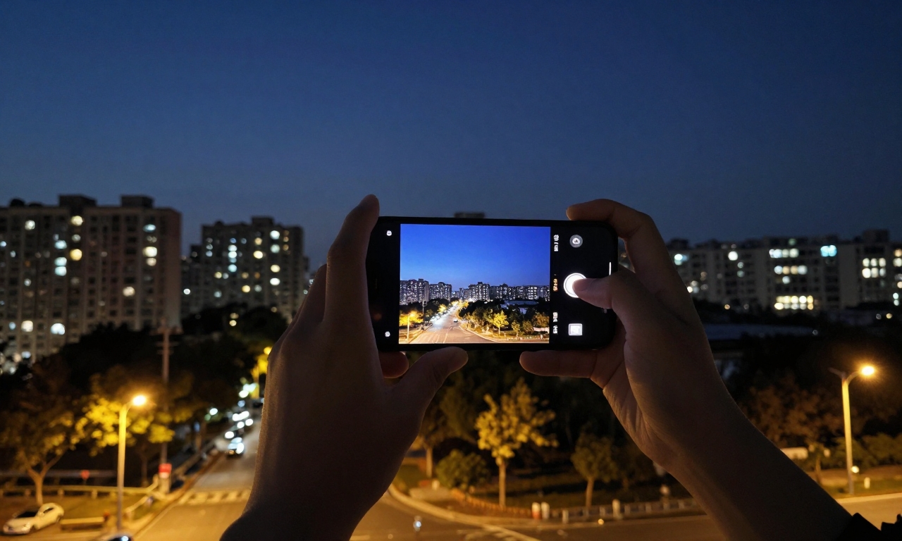 Night photography of urban cityscape with smartphone