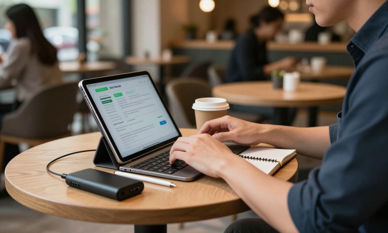 professional using tablet with all-day battery at cafe