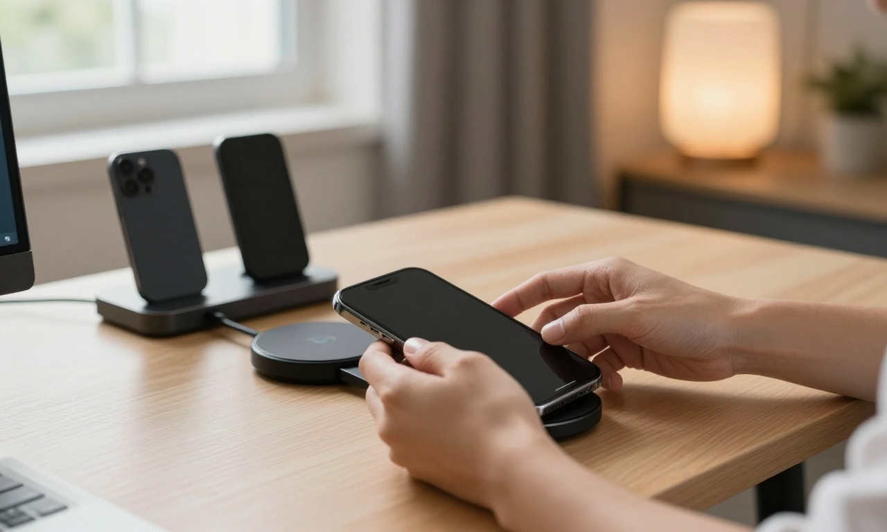 Person aligning smartphone on wireless charger with multiple devices