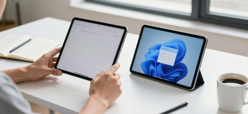 Professional comparing iPad and Android tablets on a desk