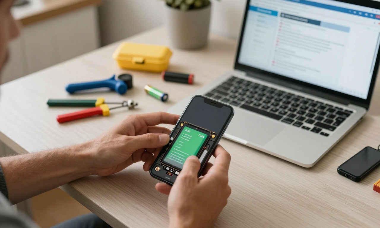 person examining smartphone battery at home