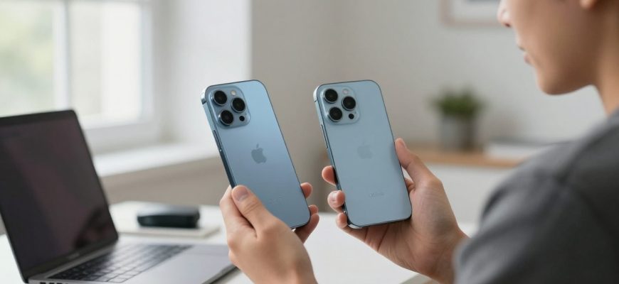 Person comparing refurbished and new smartphones