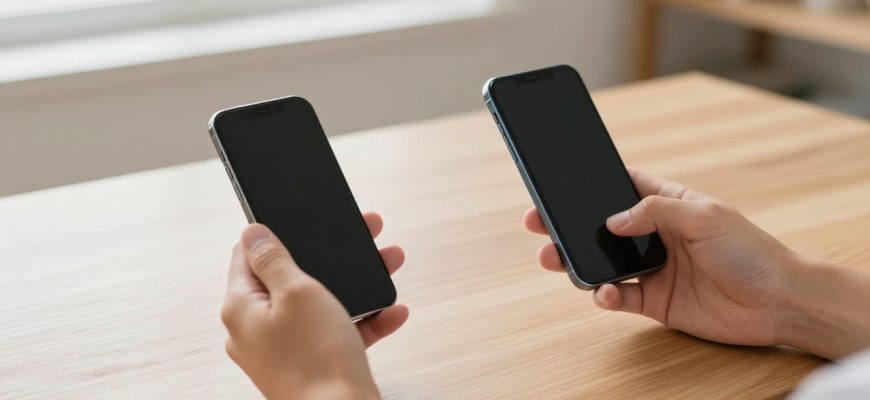 person comparing new and refurbished smartphones