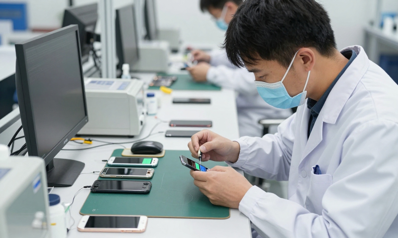 technician testing certified refurbished smartphone