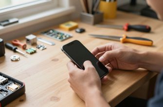 Person repairing smartphone on workbench