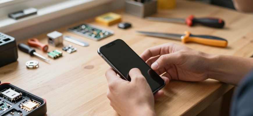 Person repairing smartphone on workbench
