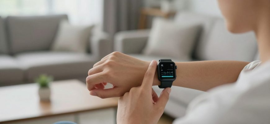 Person checking smartwatch health data at home