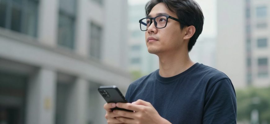 Person wearing smart glasses in urban setting