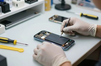 Smartphone battery replacement on professional workbench