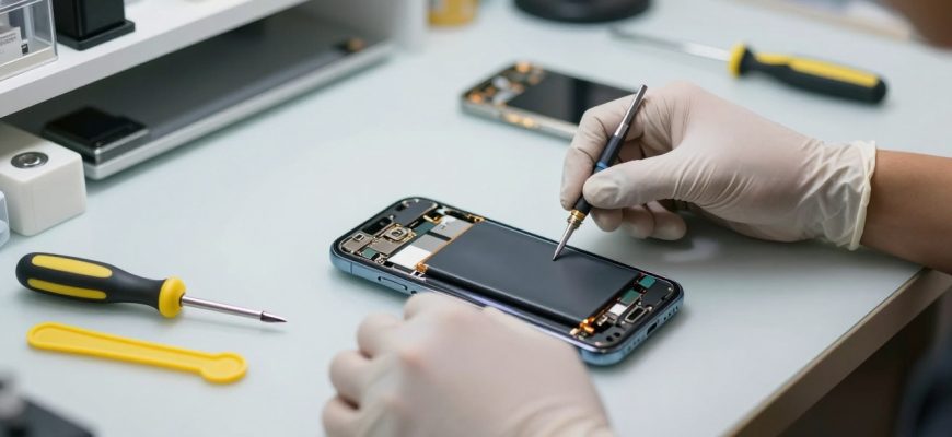 Smartphone battery replacement on professional workbench