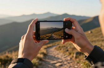 person photographing landscape with smartphone