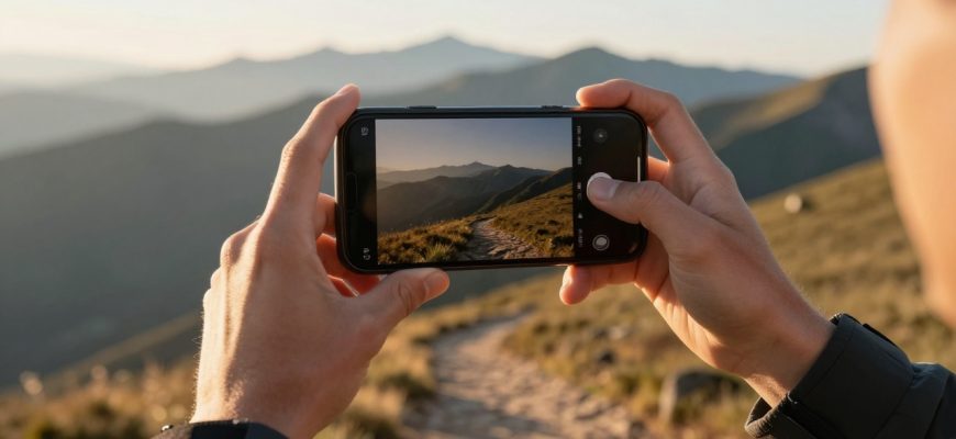 person photographing landscape with smartphone
