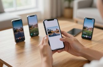 Person comparing smartphone displays in a living room