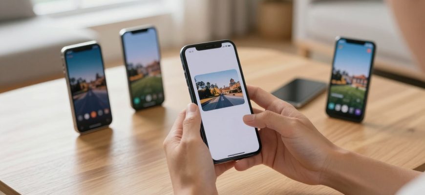 Person comparing smartphone displays in a living room