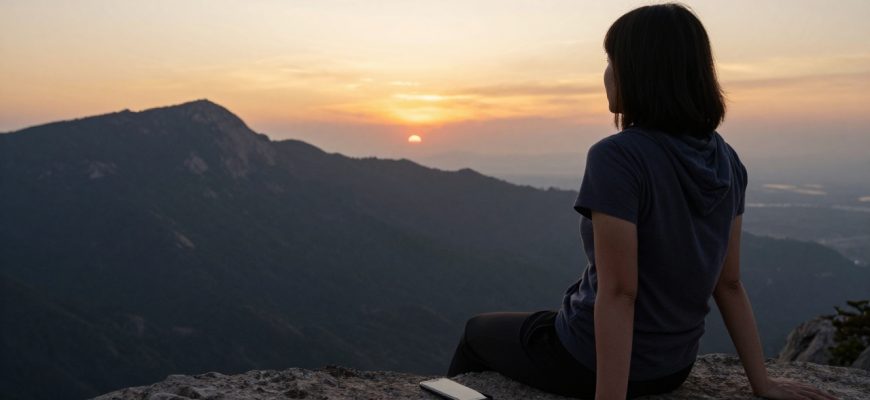 person contemplating sunset with smartphone set aside