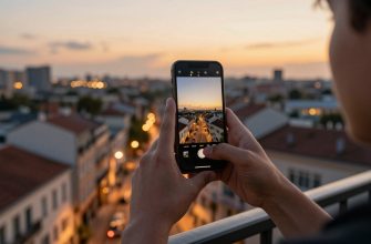 Person using smartphone camera at golden hour