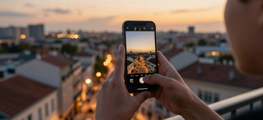 Person using smartphone camera at golden hour