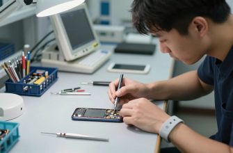 Technician repairing smartphone in professional workshop
