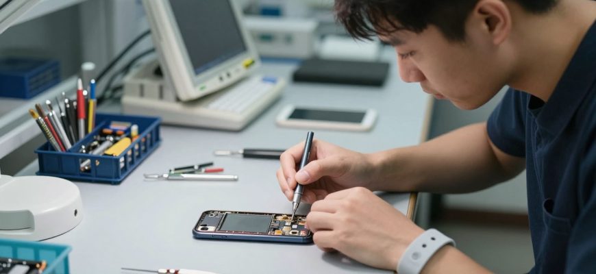 Technician repairing smartphone in professional workshop