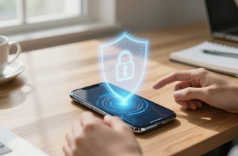 Smartphone with digital security shield on office desk