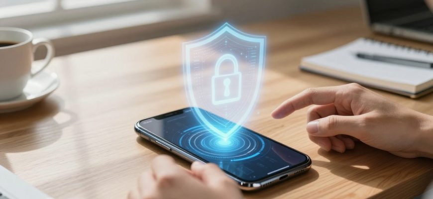 Smartphone with digital security shield on office desk