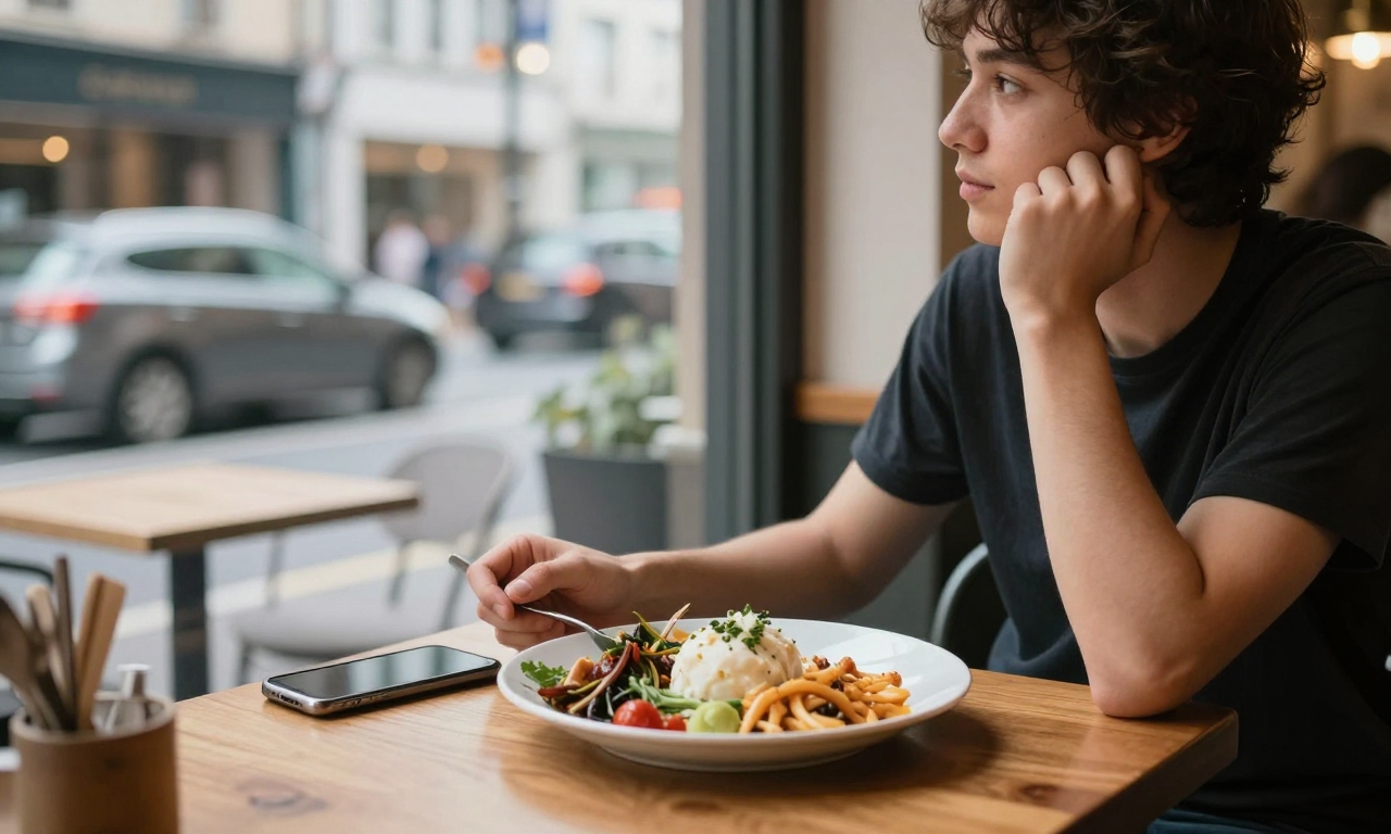 person ignoring smartphone while dining in a café