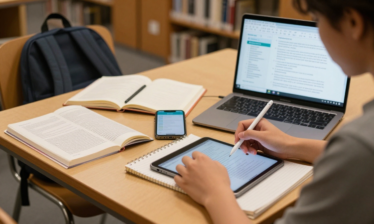 Student using tablet, laptop, and smartphone for academic work