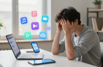 Person overwhelmed by subscription icons in home office